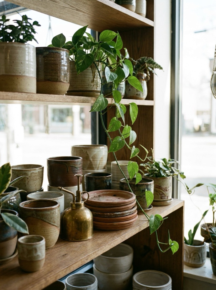 A wooden shelf at Fern & Fog lined with potted plants and dried stems