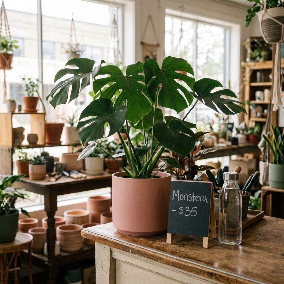 A monstera plant in a blush-pink ceramic pot