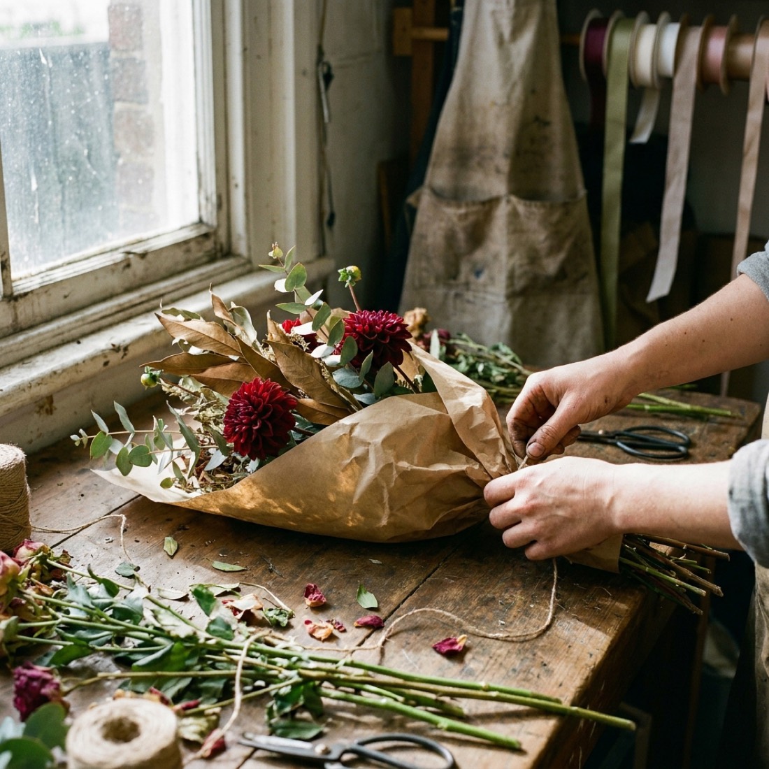 Hands wrapping a fresh bouquet in kraft paper at the counter