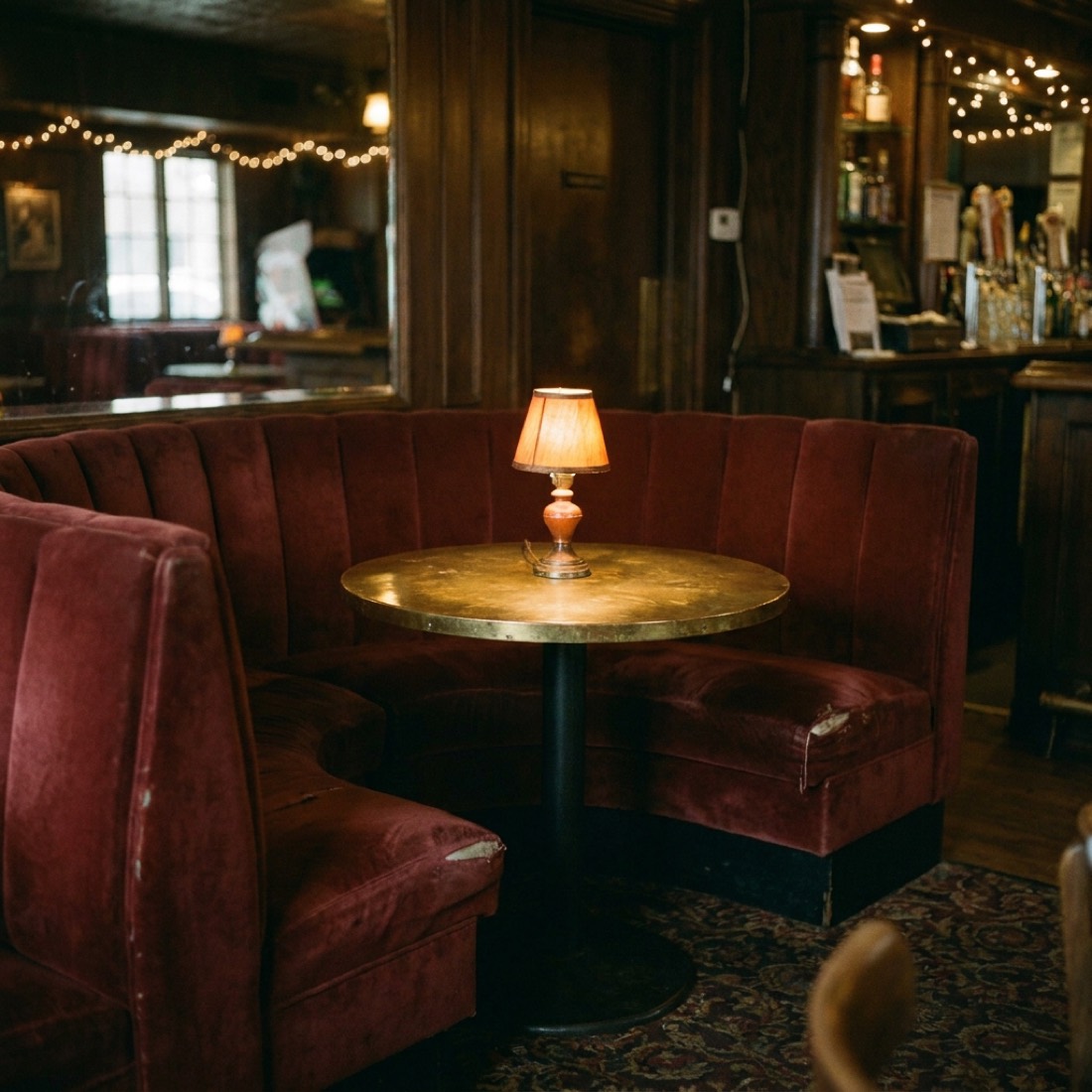 A deep velvet booth glowing under low amber light