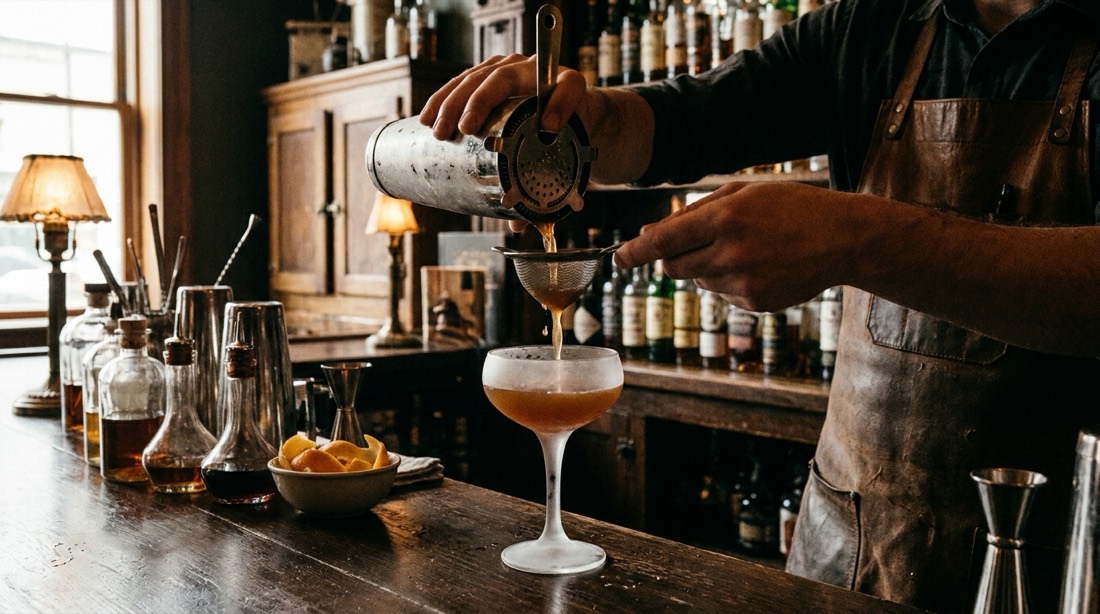 A gold-toned cocktail being poured into a coupe glass at the bar