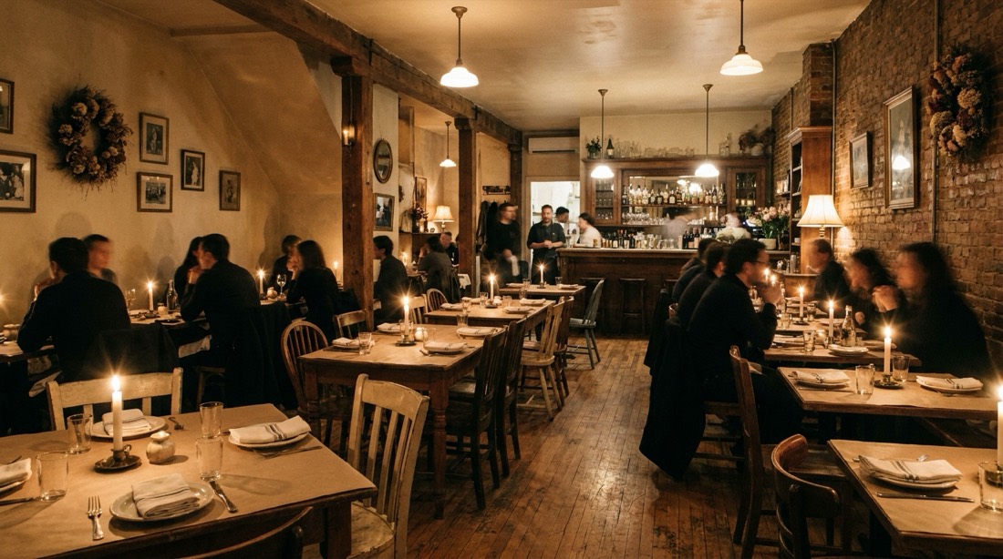 Wide view of the dining room glowing in candlelight before service