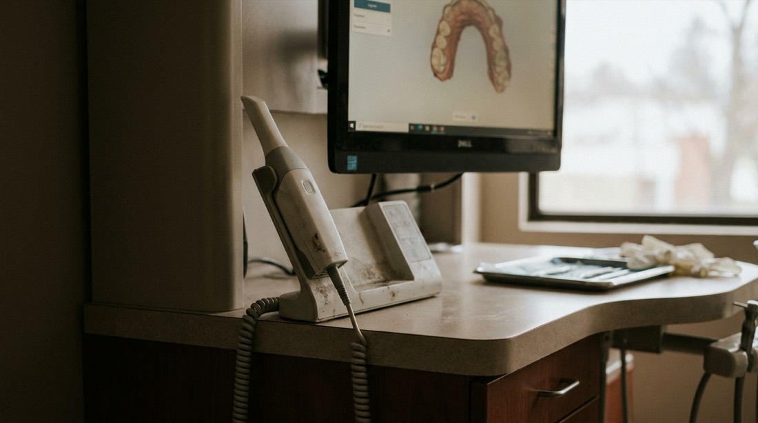 Video poster: macro close-up of the handheld 3D scanning wand used for digital impressions