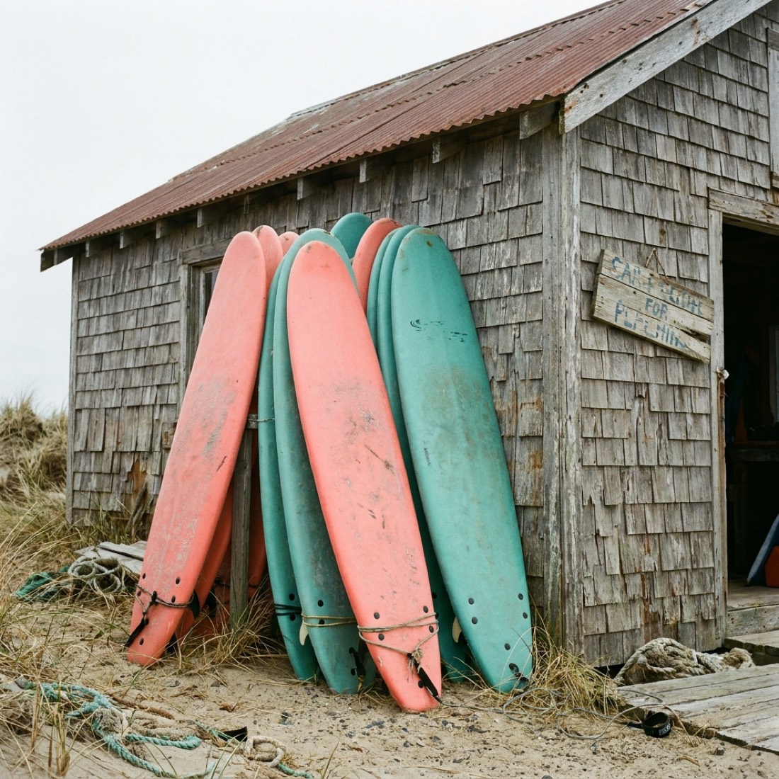 A colorful row of soft-top surfboards standing in the sand