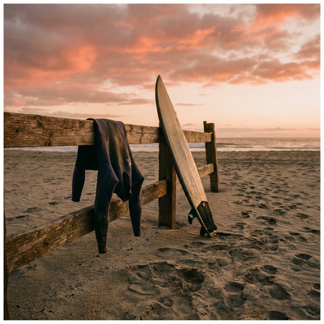 A surfer in a wetsuit walking along the beach at golden sunset