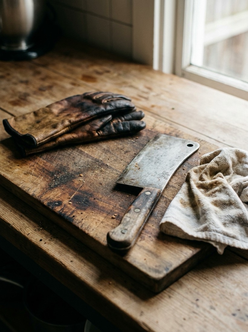 Well-worn cleaver and heat gloves resting on the cutting block