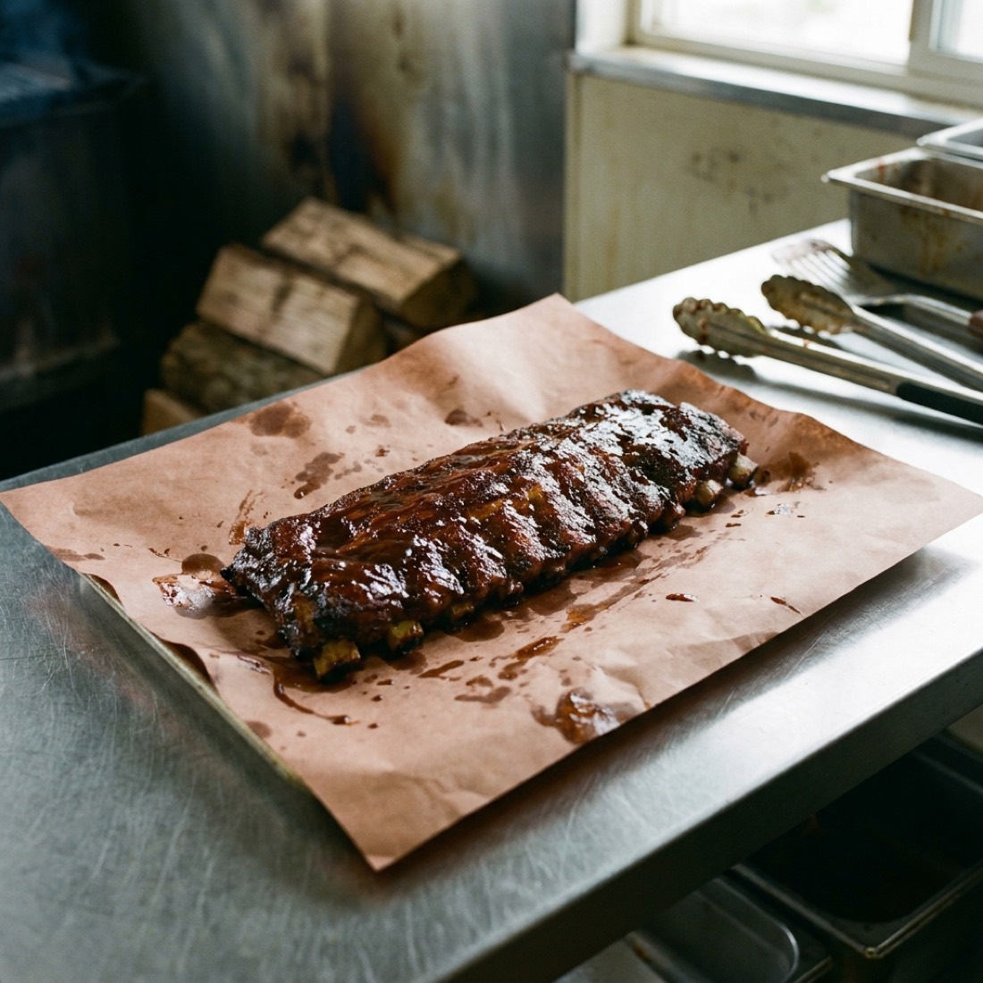 Rack of pork ribs with dark peppered bark, fresh off the smoker