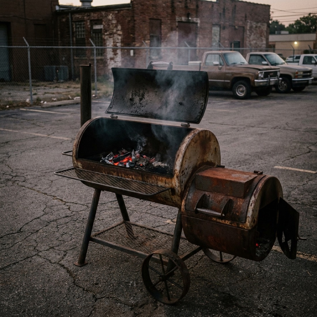 Post-oak coals glowing orange inside the firebox