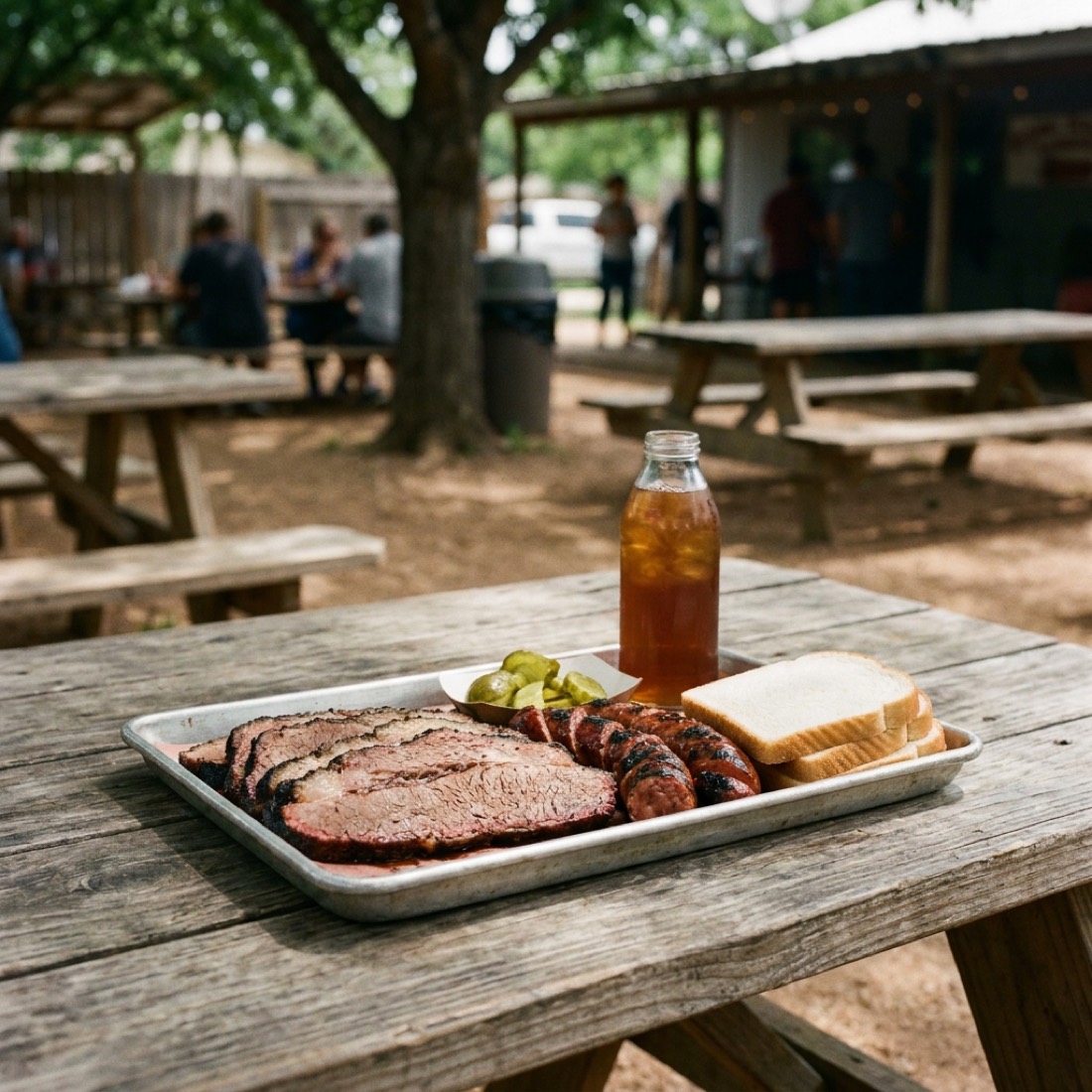 Loaded butcher-paper tray with brisket, hot links, beans, and pickles