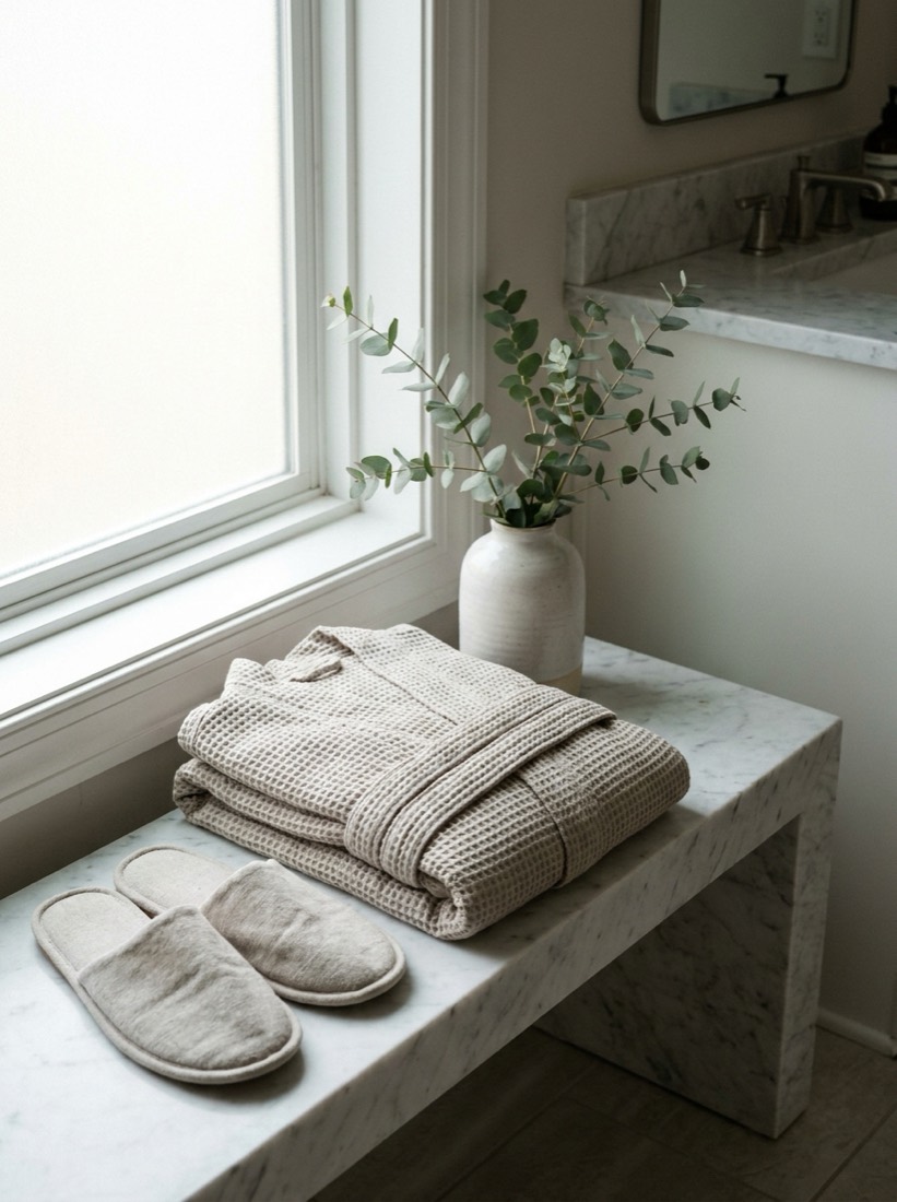 A pressed linen robe and slippers laid out on a bench in soft lavender light.
