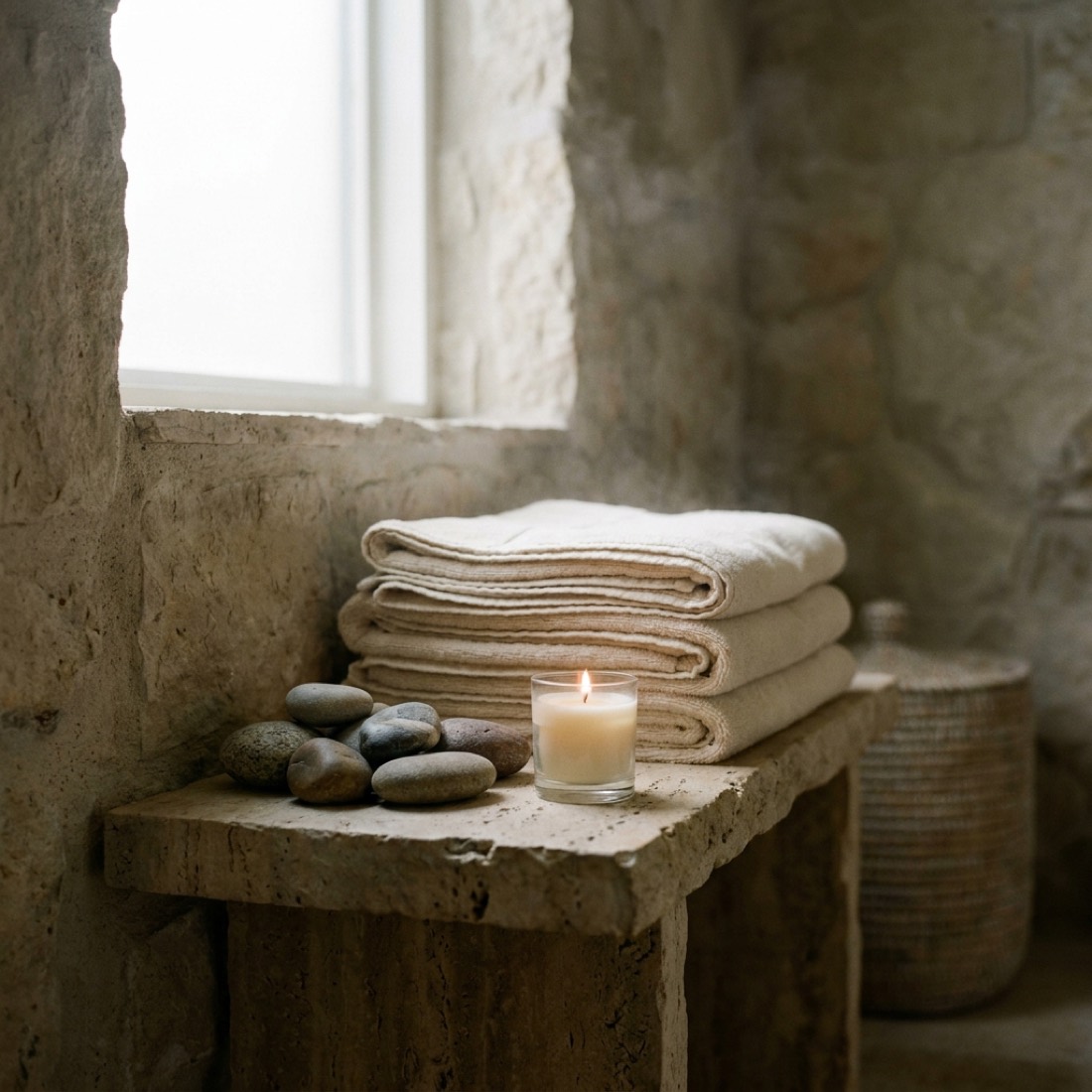 Warm basalt stones stacked beside folded towels and a single lit candle.