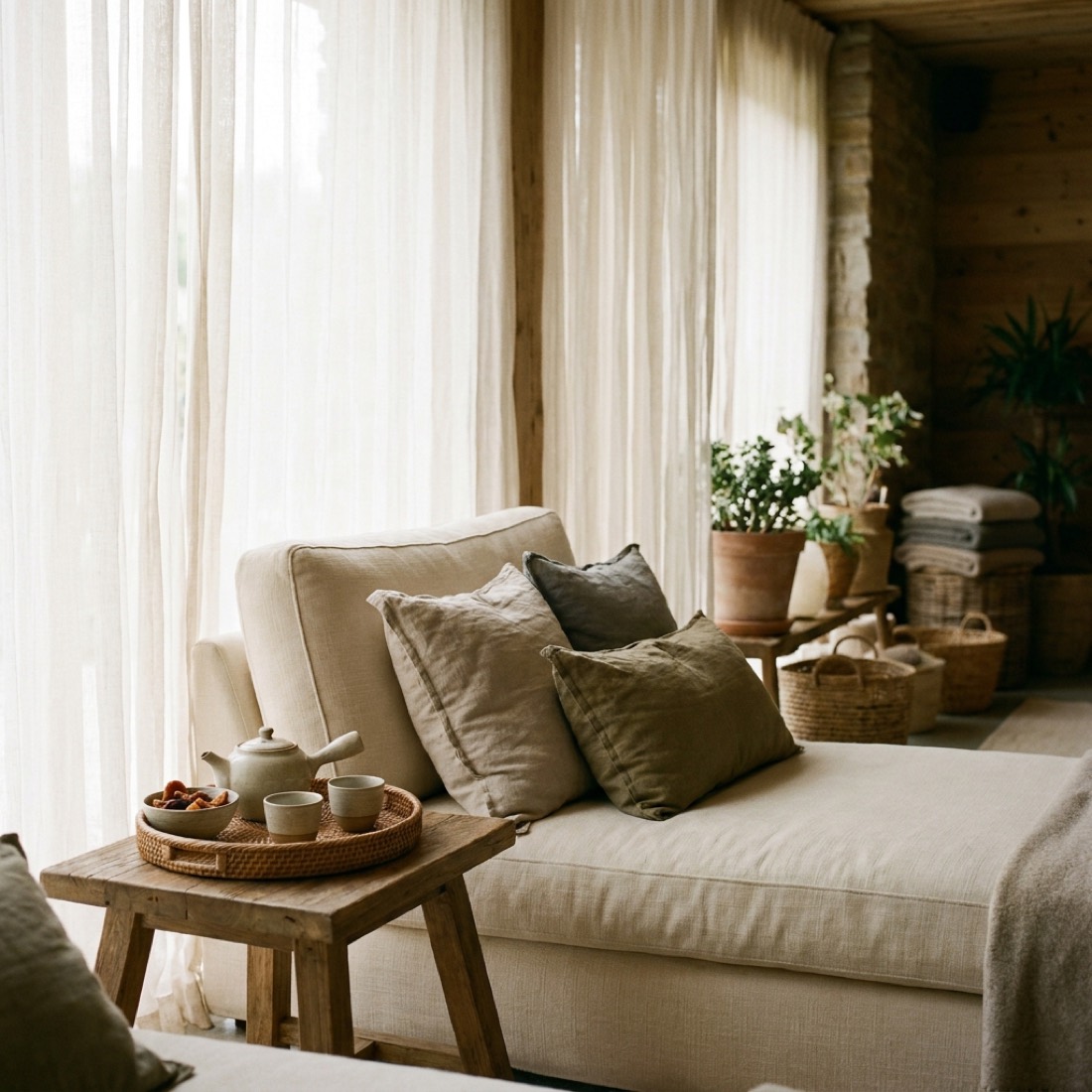 The relaxation lounge with low daybeds, linen cushions and diffused afternoon light.